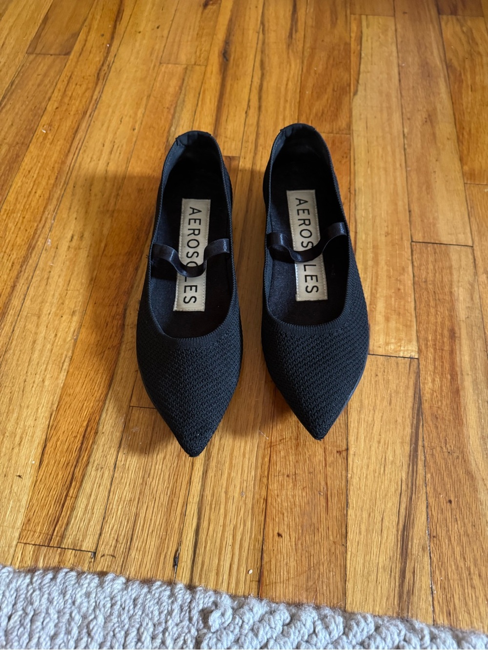 AEROSOLES Black Pointed Knit Mary Jane Flats with Strap